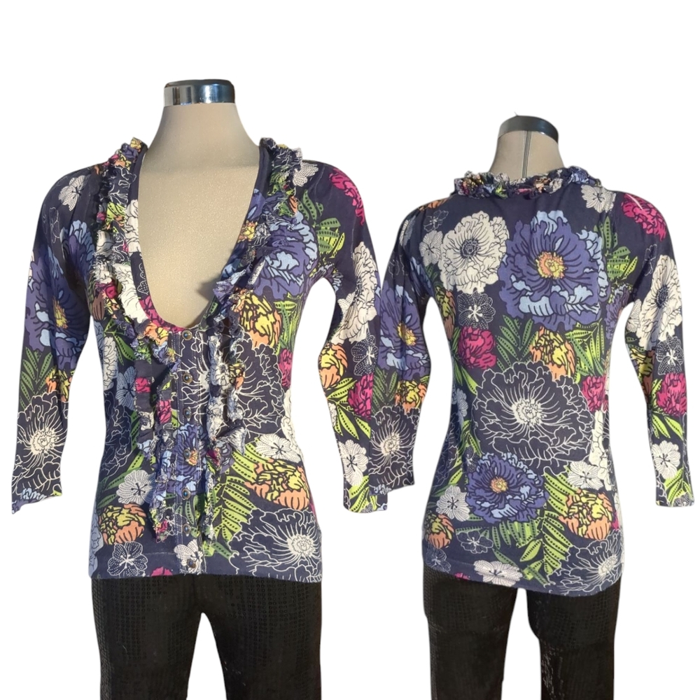 Floral V-Neck Ruffle Top - Multicolor